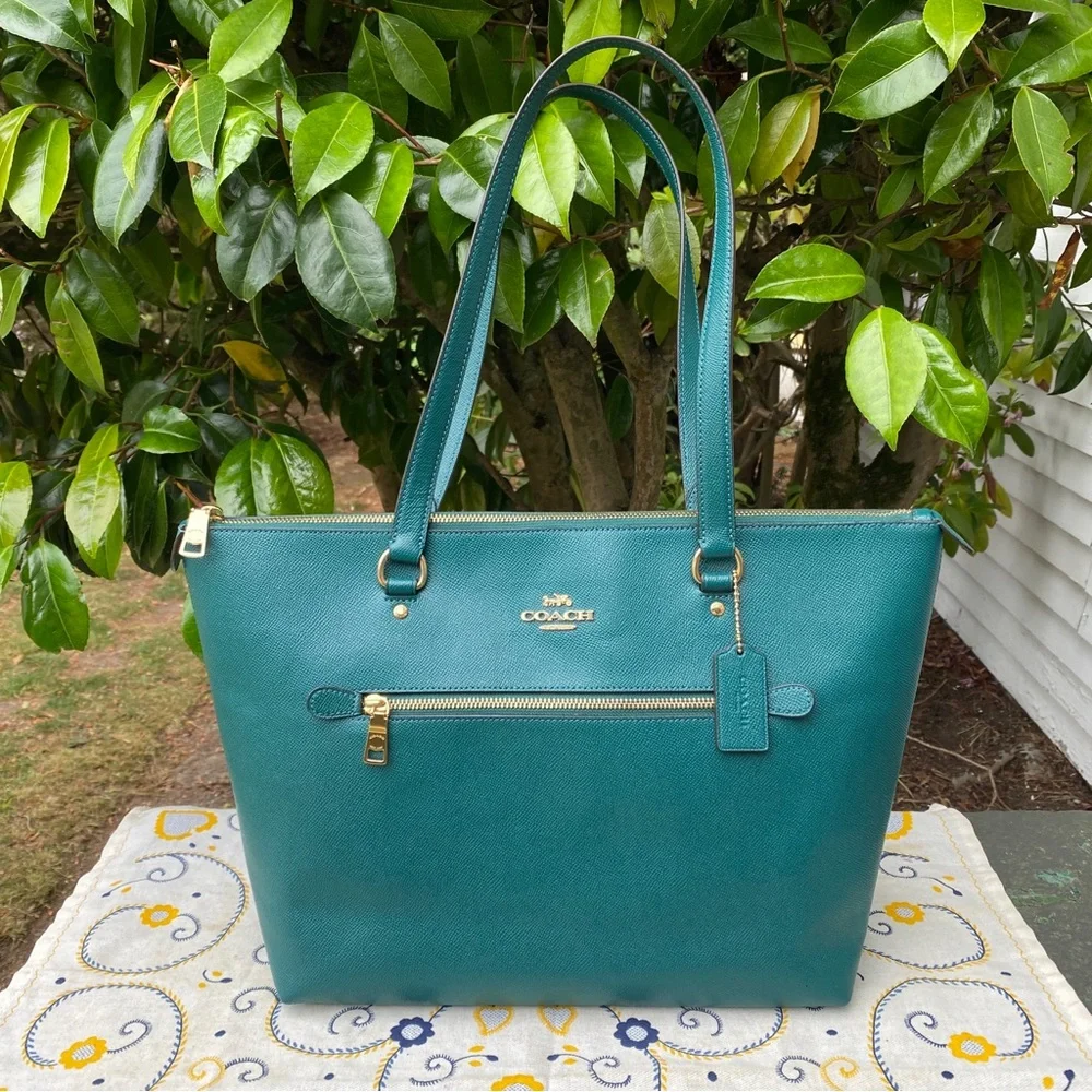 COACH Gallery City Teal Green Zip-Front Leather Tote w. Gold Hardware NEW- 79608
